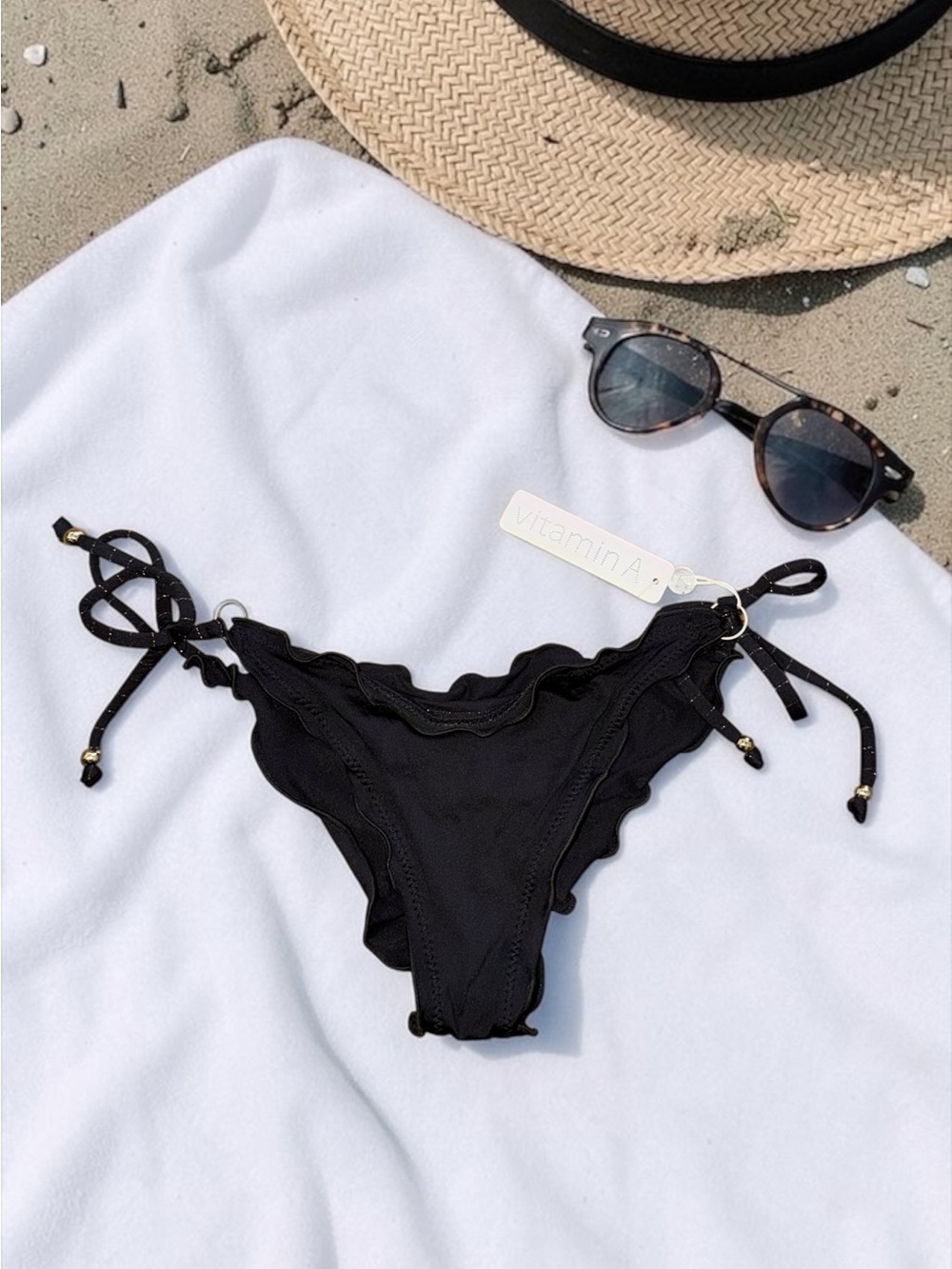 Vitamin A NWT Cheeky Ruched Black Ruffle Tie-Side Bikini Bottoms Size 6